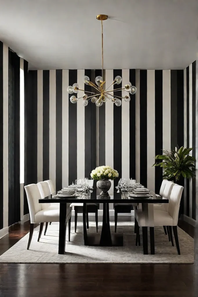 Defined dining space created with a patterned wallpaper
