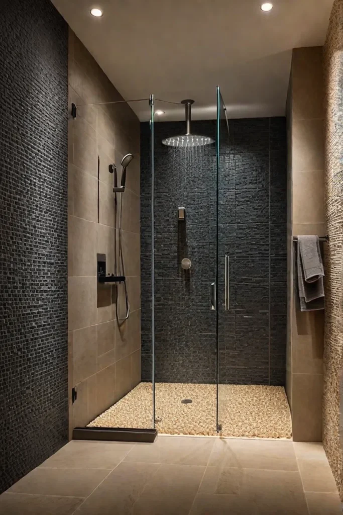 Dimmable LED lighting creates a relaxing atmosphere in a minimalist bathroom with a walkin shower