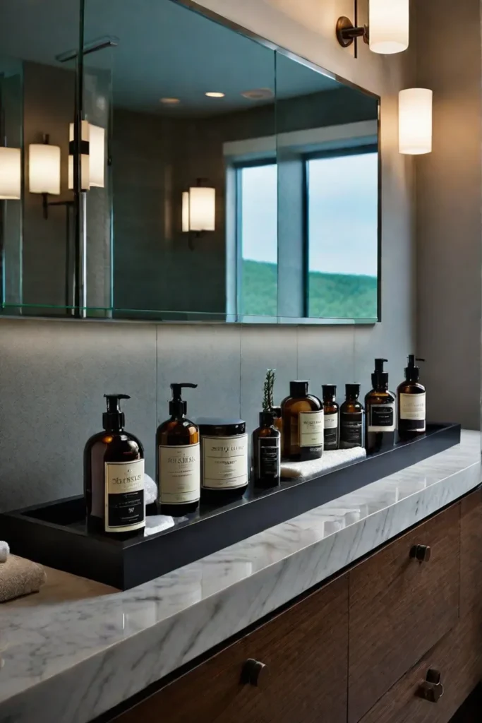 Dimmable lights and apothecary jars in a modern bathroom