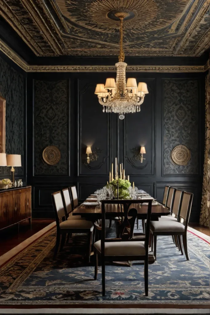 Dining room honoring the historical tradition of wallpaper