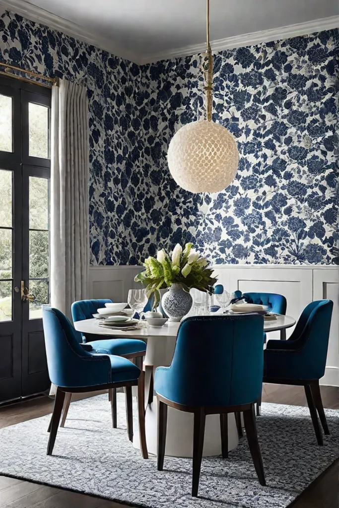 Dining room reflecting personal style with wallpaper patterns