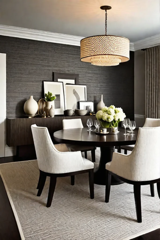 Dining room with balanced textures of grasscloth wallpaper and smooth surfaces