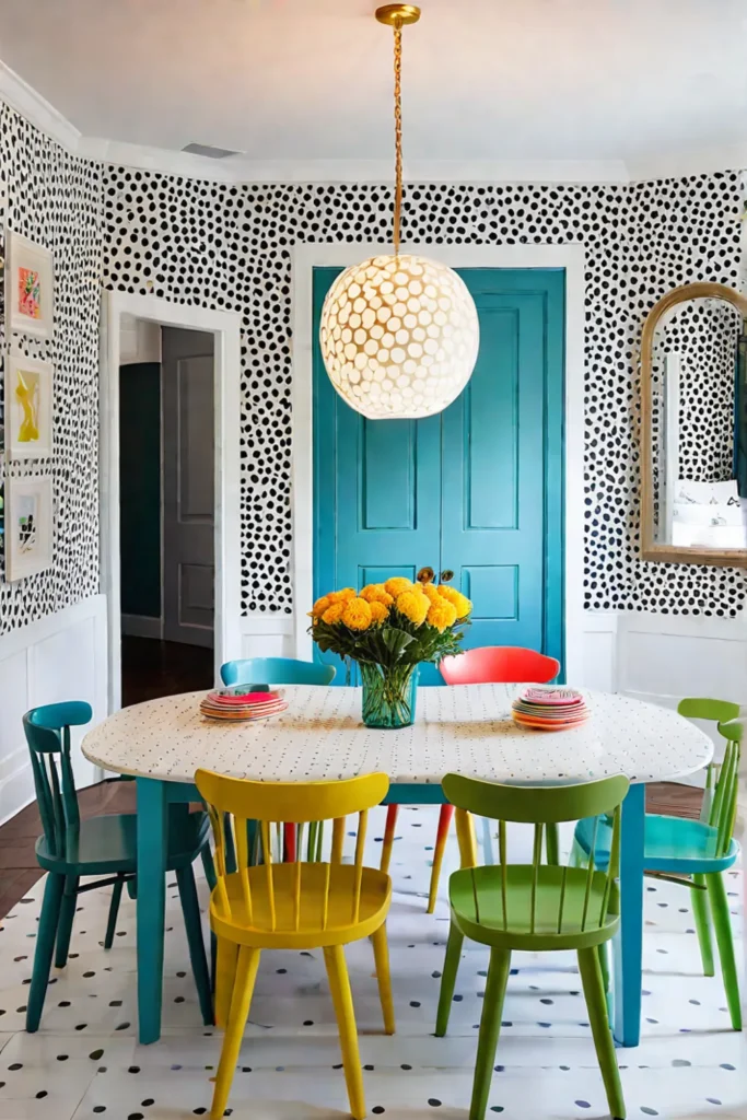 Dining room with brightly colored furniture and playful decor