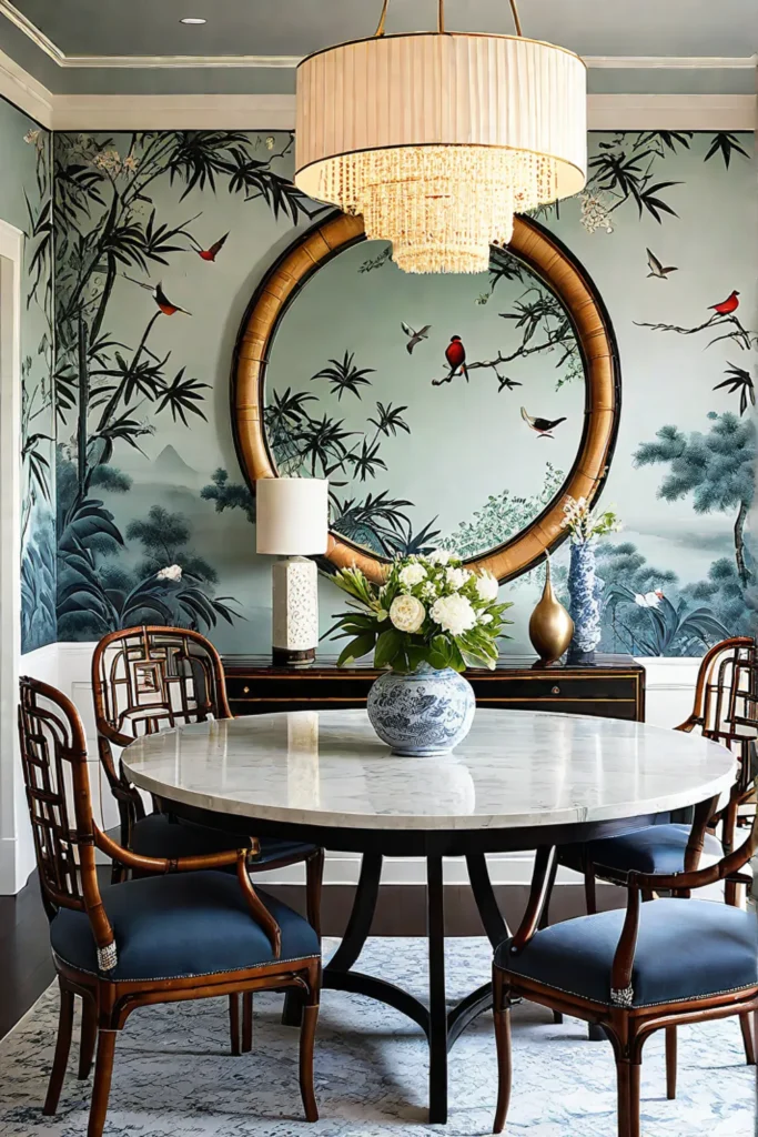 Dining room with chinoiserie wallpaper and bamboo furniture