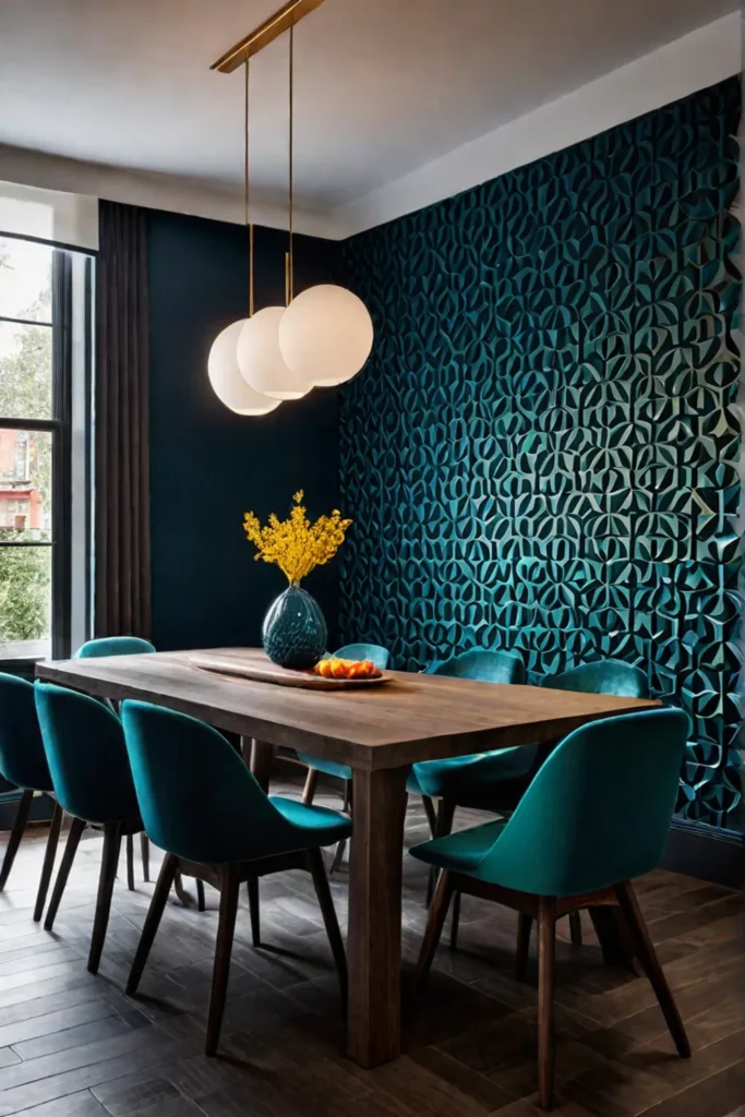 Dining room with customized textured wallpaper in geometric pattern