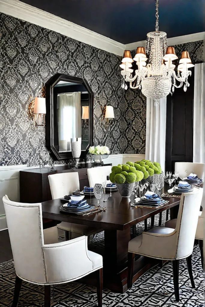 Dining room with dark wood furniture and crystal chandelier