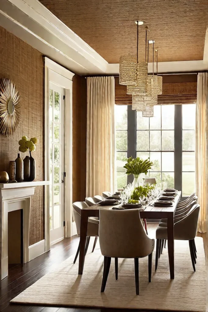 Dining room with grasscloth wallpaper and natural light