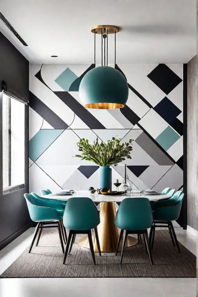 Dining room with modern furniture and geometric wall art