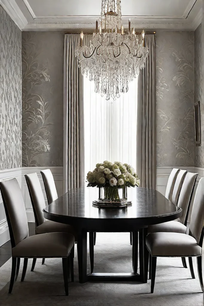 Dining room with patterned silk wallpaper and luxurious ambiance