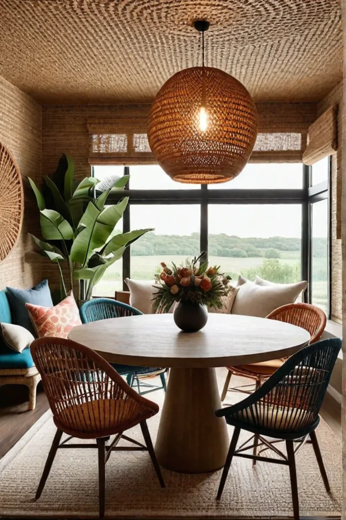Dining room with rattan furniture and macrame pendant lights