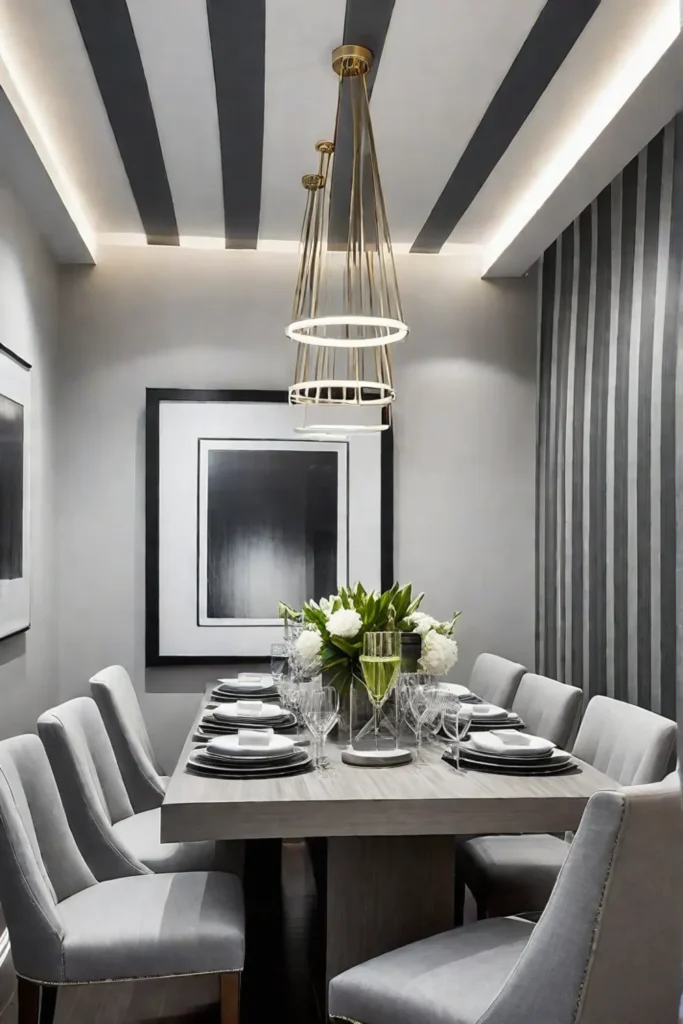 Dining room with striped wallpaper for elongation