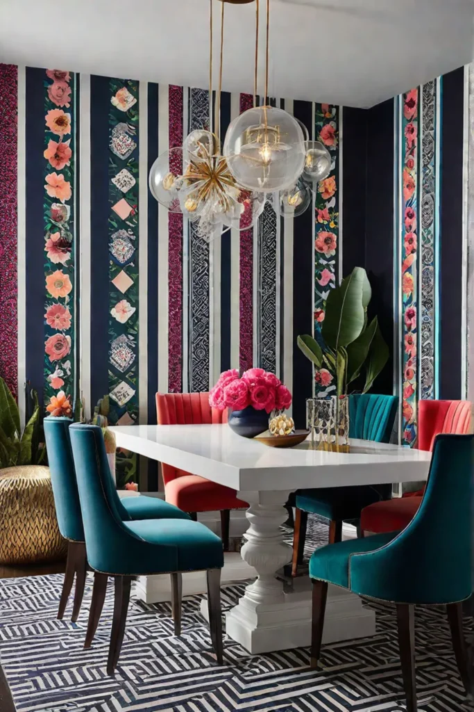 Dining room with unique and playful wallpaper design