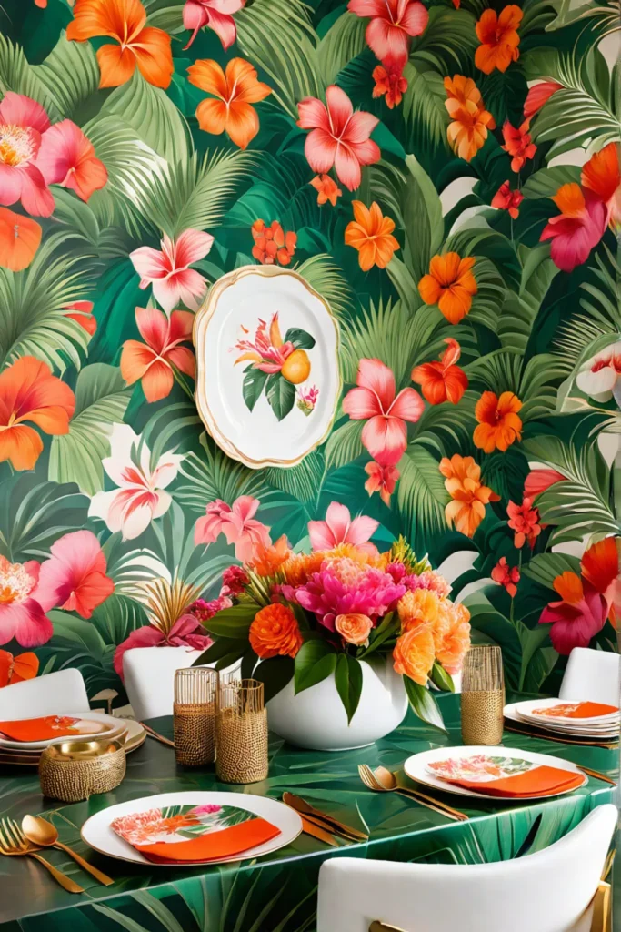 Dining room with vibrant floral wallpaper and gold accents