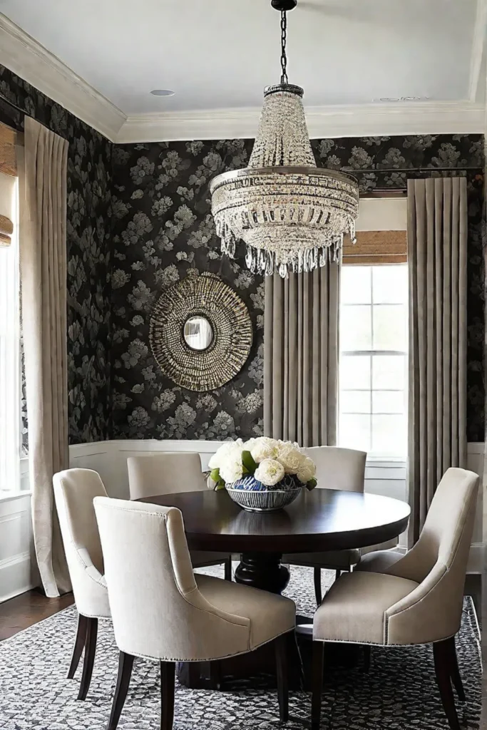 Dining room with wallpapered ceiling