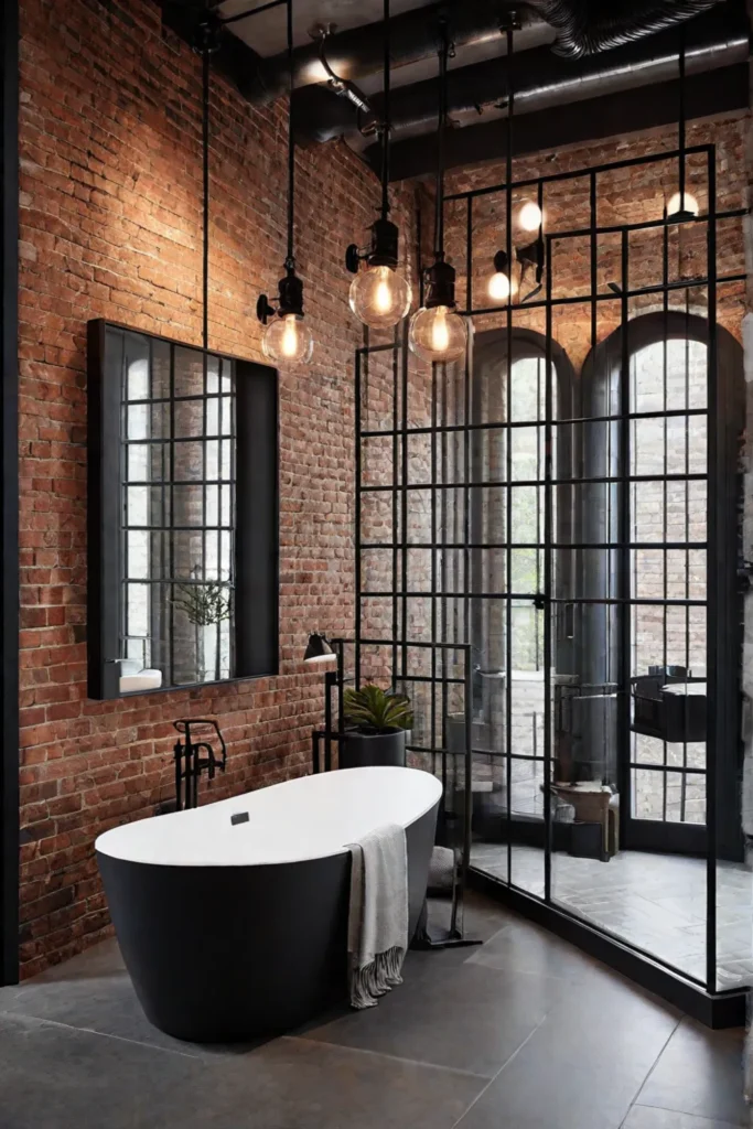 Dramatic bathroom with pendant lights and an industrial aesthetic