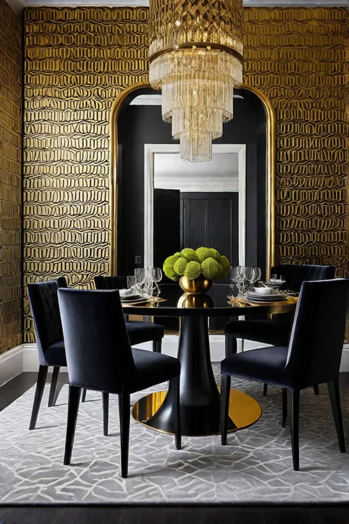 Dramatic dining room with gold wallpaper and black furniture