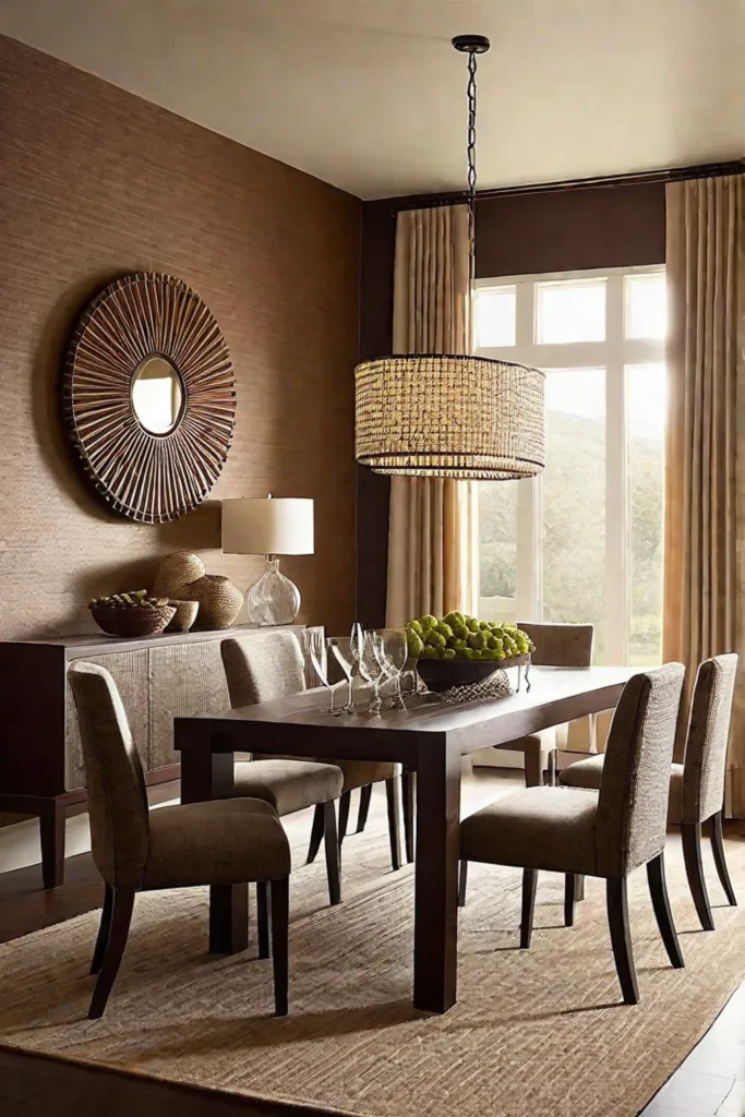 Earthytoned dining room with textured grasscloth wallpaper