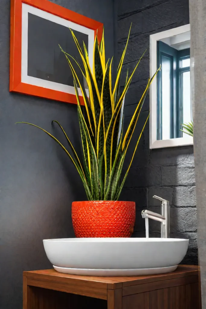 Eclectic bathroom decor with snake plant