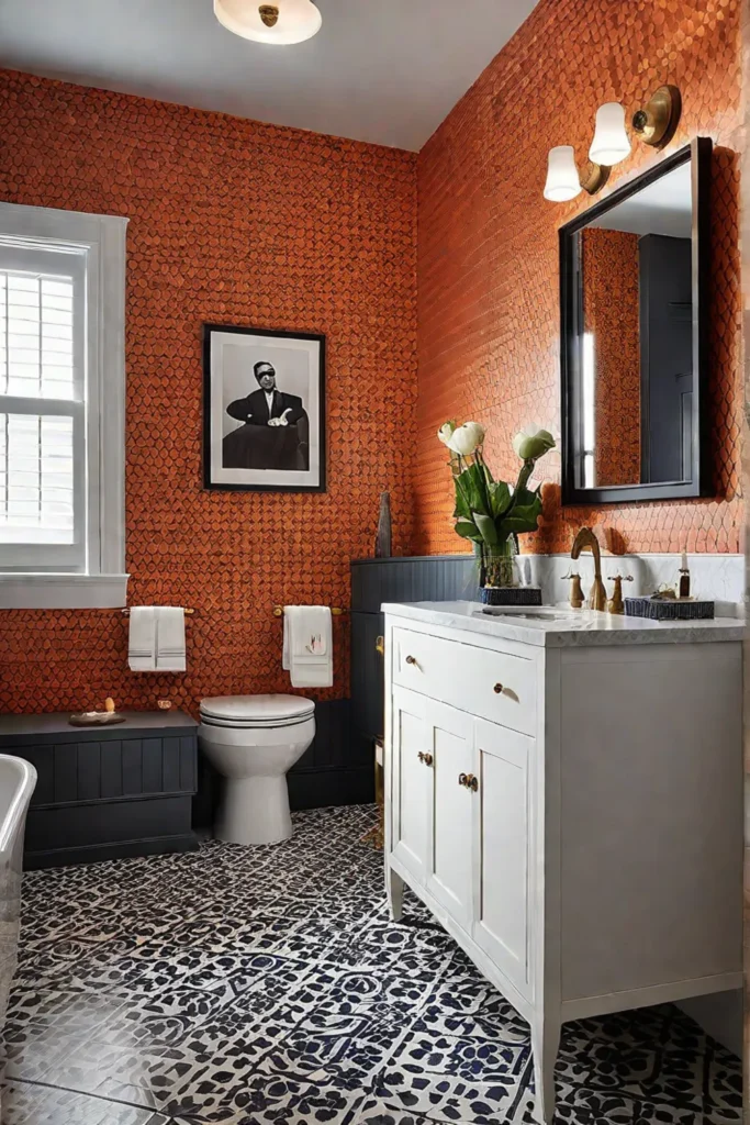 Eclectic bathroom with patterned tile and wallpaper