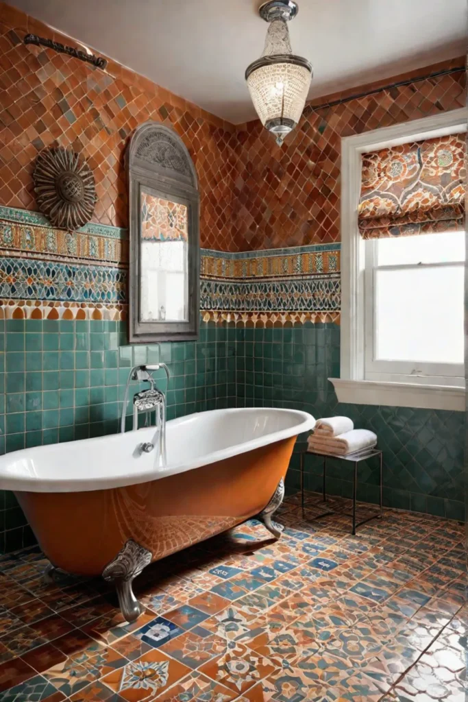 Eclectic bathroom with vintage tub and colorful tiles