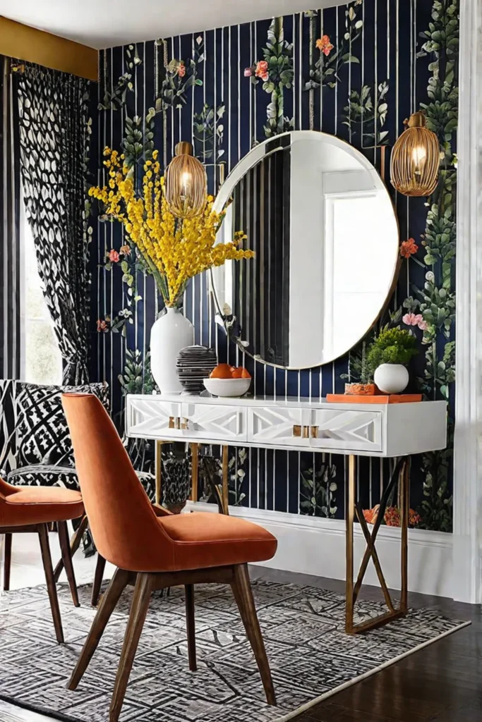 Eclectic wallpaper with mixed patterns on dining room statement wall