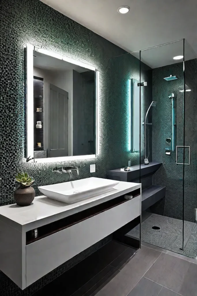 Ecofriendly bathroom with LED mirror and recycled glass tiles