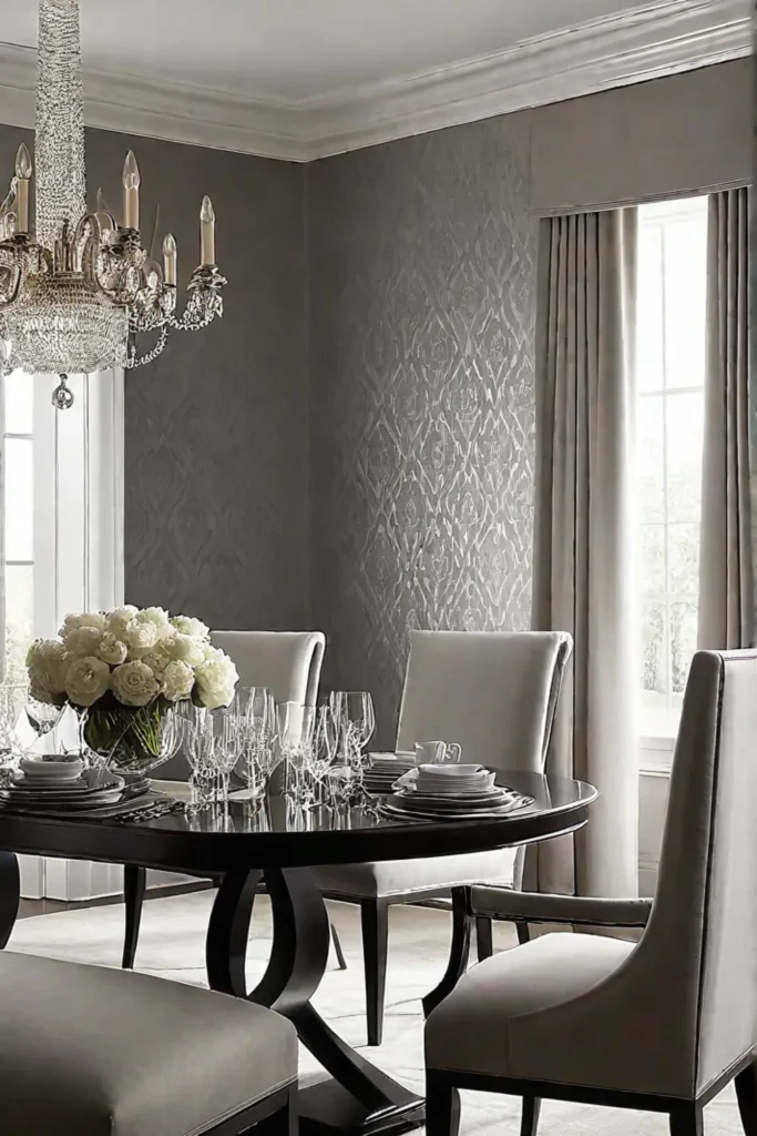 Elegant dining room with silk wallpaper and subtle sheen