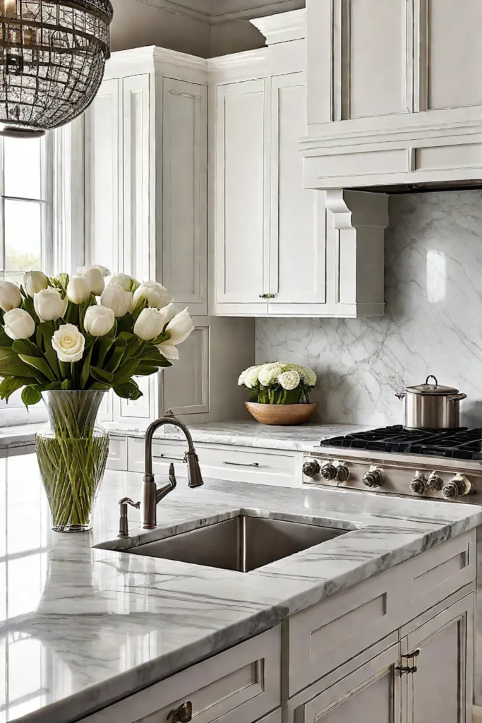 Elegant kitchen design with marble countertop and floral accents