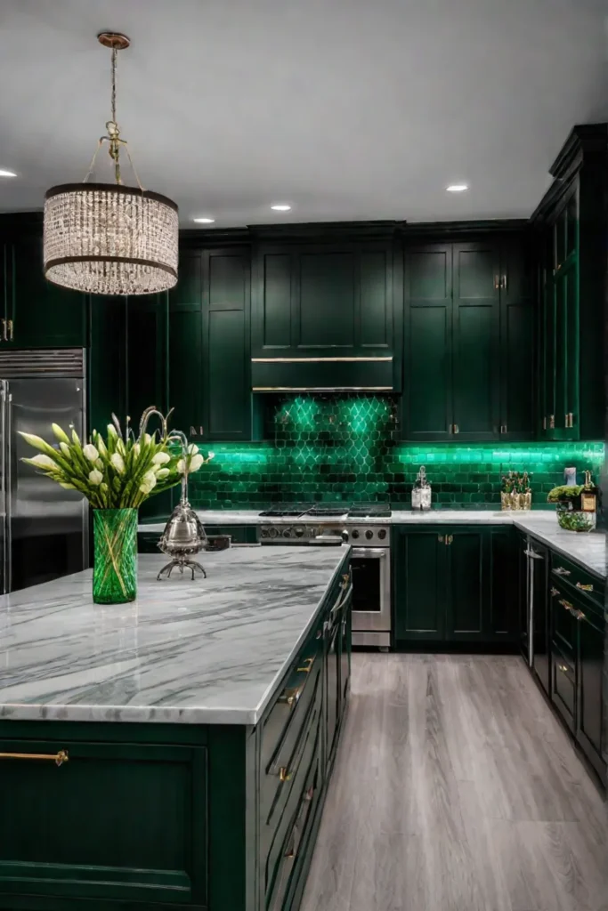 Elegant kitchen with emerald green glass tiles
