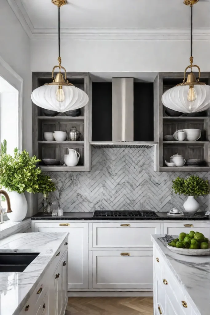 Elegant kitchen with white marble tile