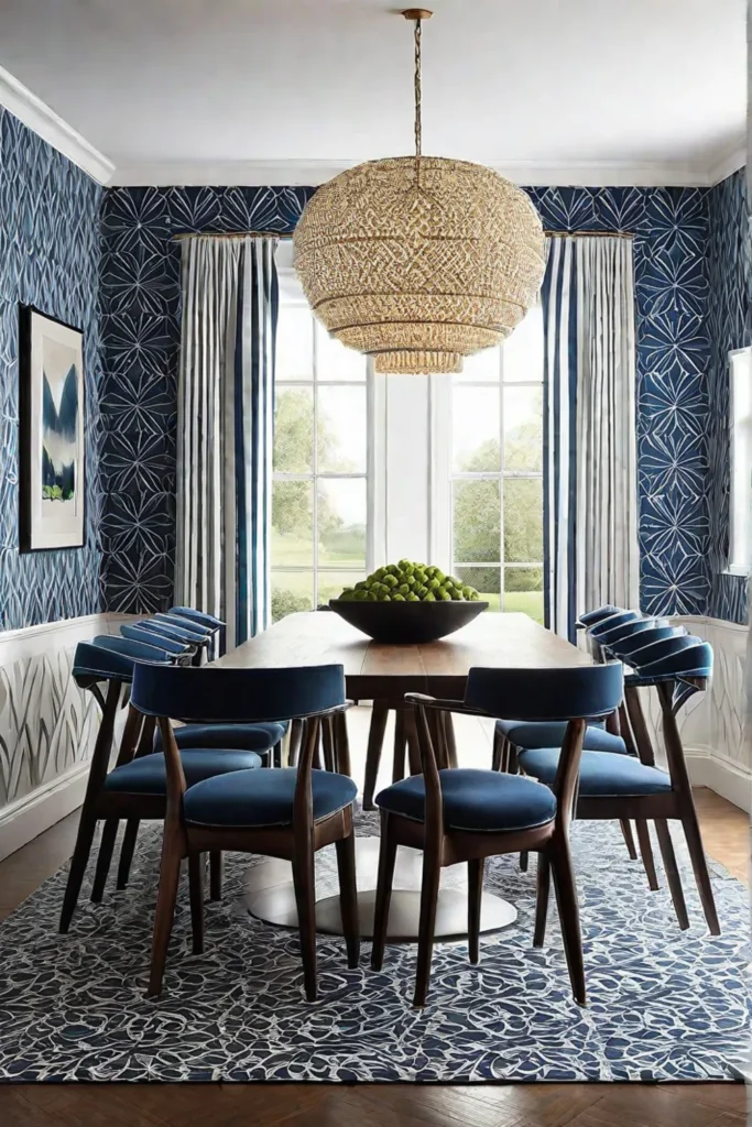 Energetic dining room with bold geometric wallpaper