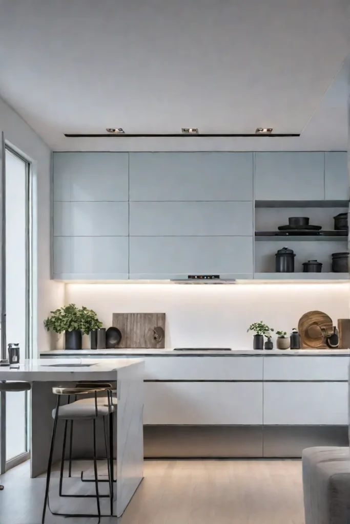 Energyefficient lighting enhances the sleek and modern aesthetic of a minimalist kitchen
