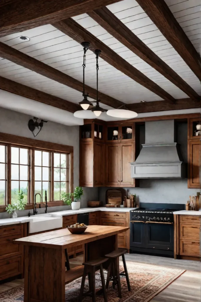 Exposed beams as a focal point in a kitchen