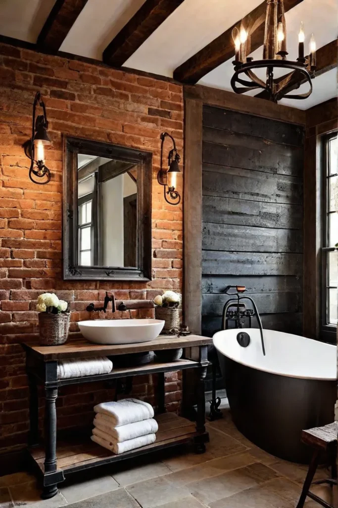Exposed brick and wood beams complemented by warm bathroom lighting