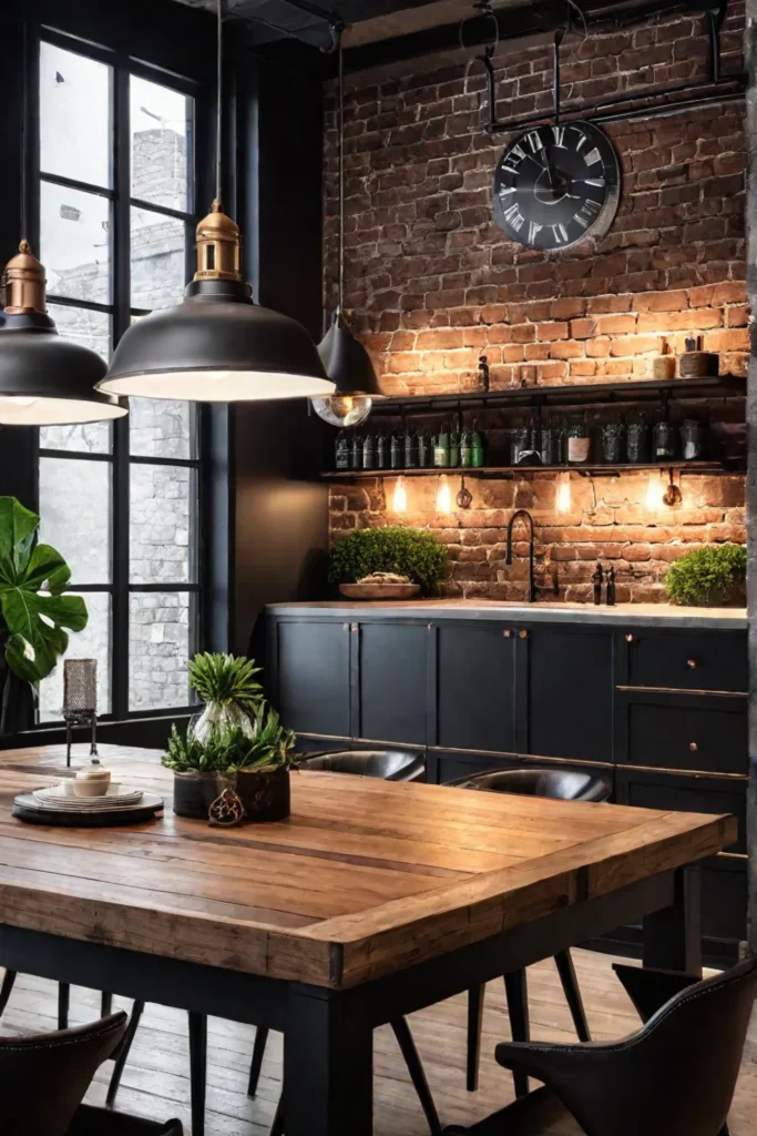 Exposed brick kitchen with vintage lighting fixtures