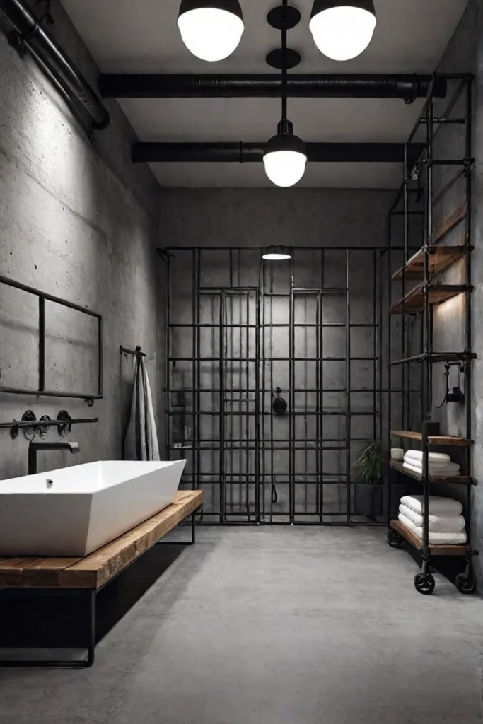 Exposed pipes and concrete finishes paired with cool bathroom lighting