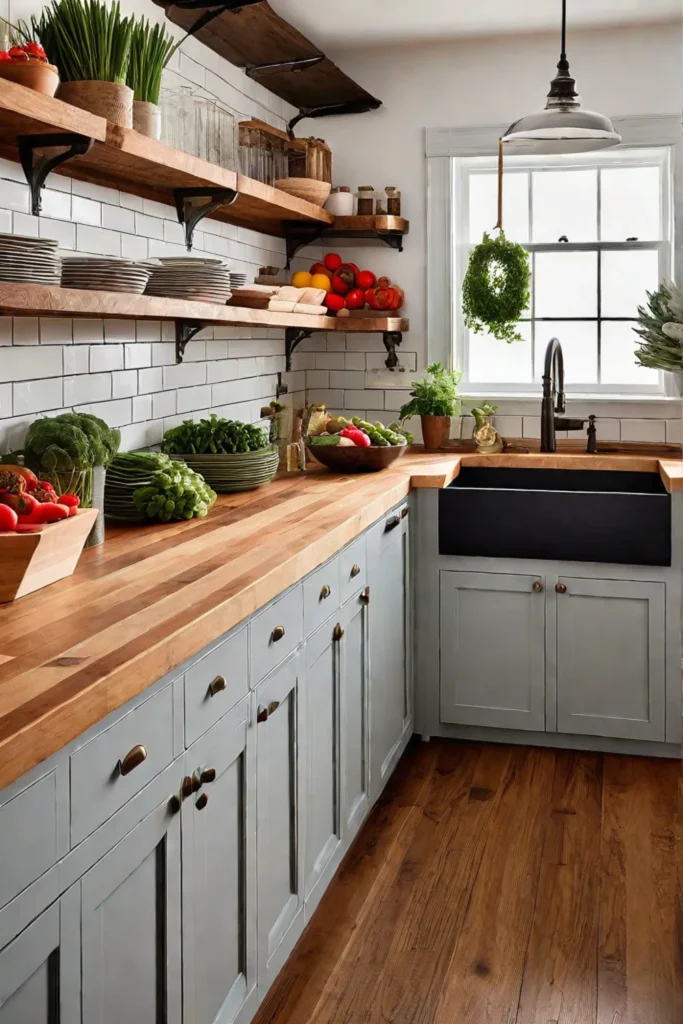 Farmhouse kitchen with butcher block countertop and open shelving