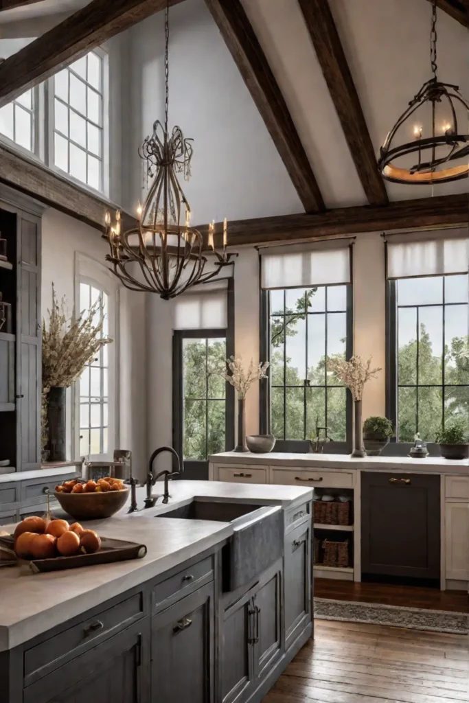Farmhouse kitchen with chandelier and rustic elements