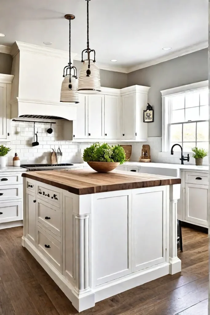 Farmhouse kitchen with white island and beadboard detailing