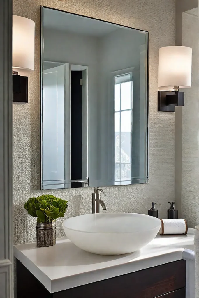Frosted glass sconces provide soft lighting in a minimalist bathroom with a clean design