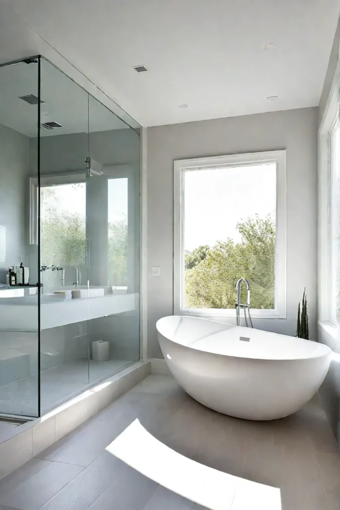 Frosted glass window provides privacy and natural light in a serene bathroom setting