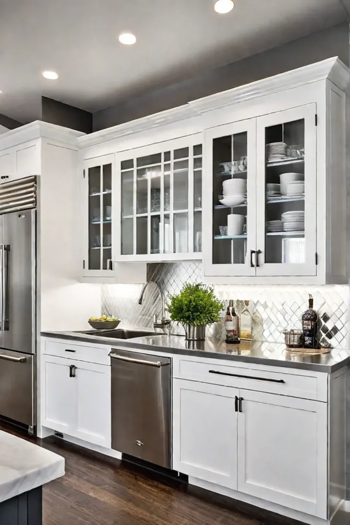 Galley kitchen with mirrored backsplash and stainless steel farmhouse sink