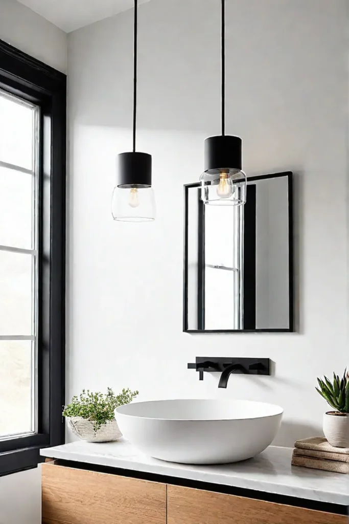 Geometric pendant lights and a vessel sink create a modern minimalist bathroom aesthetic