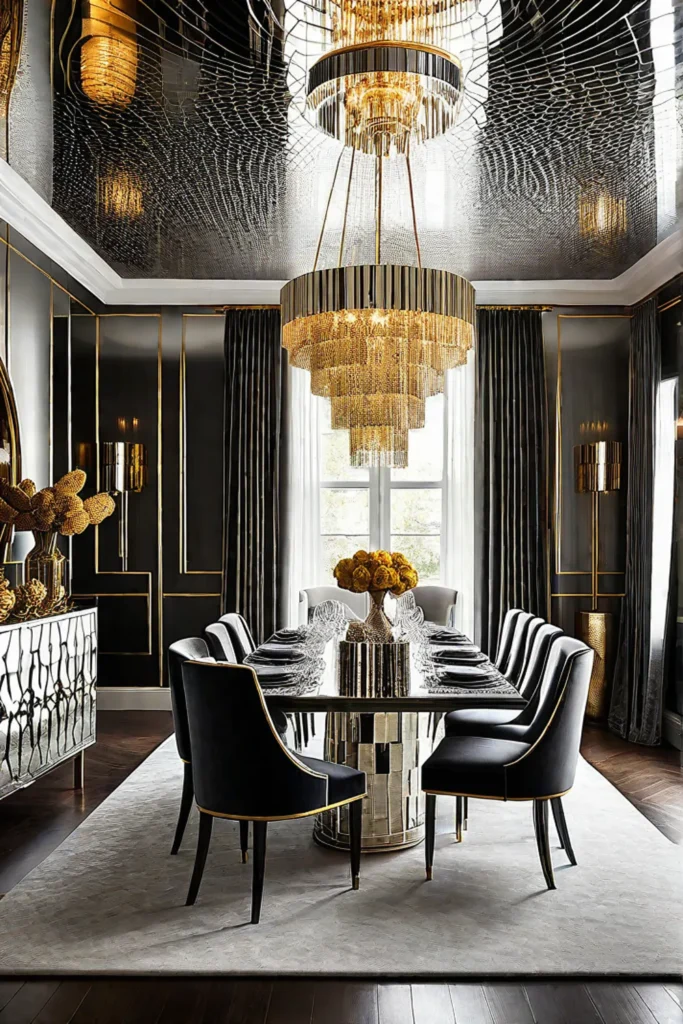 Glamorous dining room with a metallic geometric wallpaper