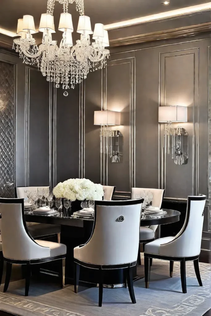 Glamorous dining room with silk wallpaper and crystal accents
