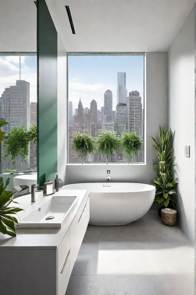 Gray and white bathroom with cityscape view