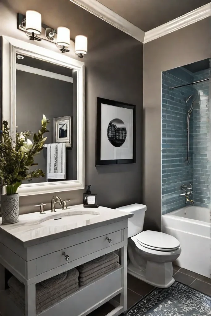 Guest bathroom with pedestal sink and decorative artwork