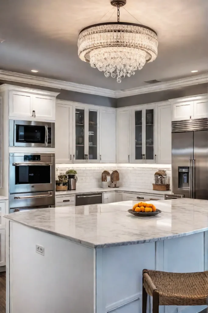 Highend kitchen with recessed lighting and statement lighting fixture