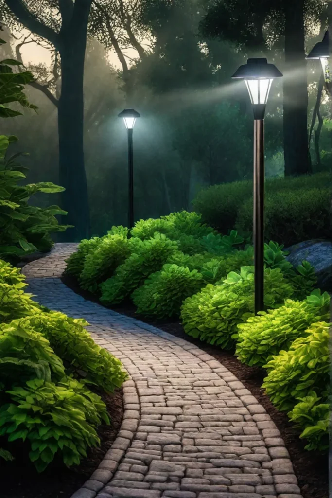 Illuminated garden path at night