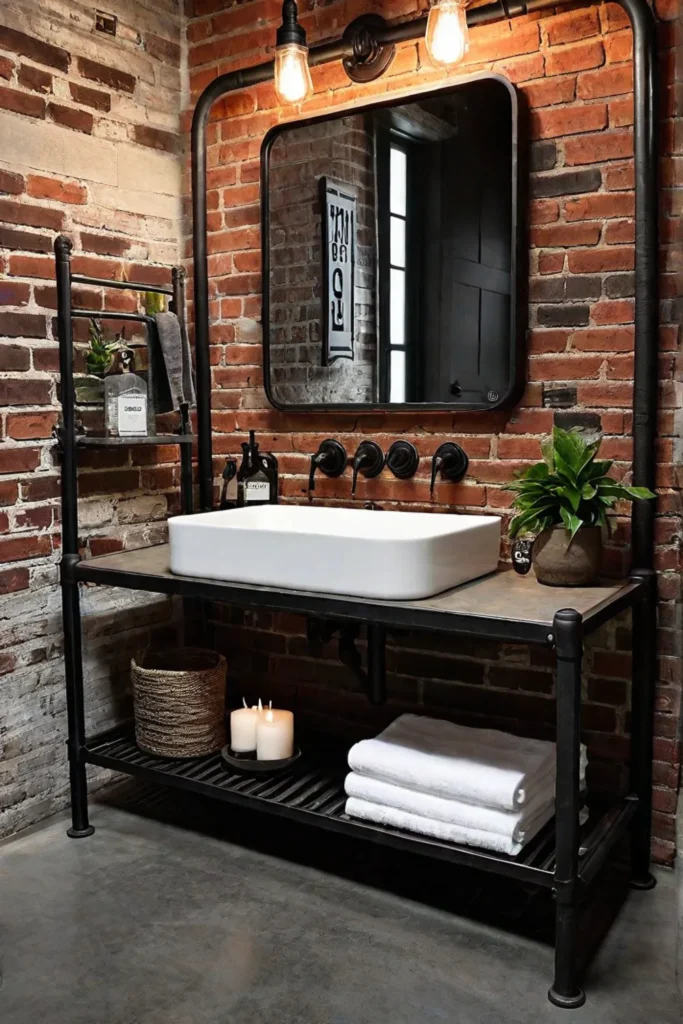 Industrial bathroom with exposed brick and concrete